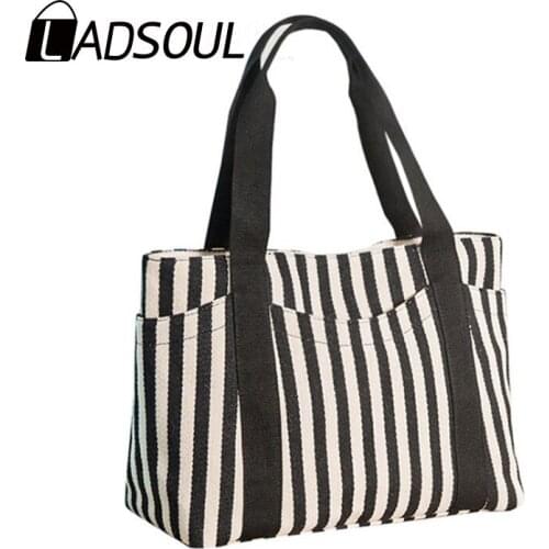 Ladsoul Women Handbag Large Capacity Striped Canvas Bag Women Shoulder Bag Female Mommy Canvas Big Bag Western Style