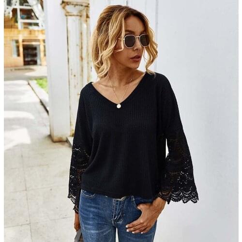 Autumn Ladies Splicing Lace Long-sleeved T-shirt Fashion Sexy V-neck Casual Women Tops WX147