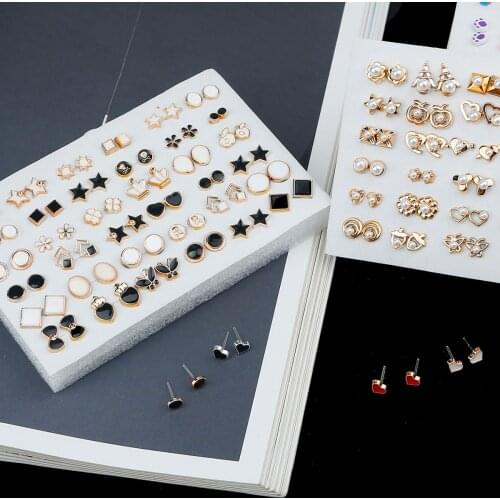 36Pairs/Set Crystal Gold Silver Black Metal Plated Heart Stars Geometric Stud Earrings For Women Wedding Engagement Jewelry Gift