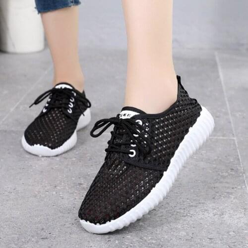Lace-up Running Shoes Womens Summer Style Net Shoes Flat Hollow Sports Casual Shoes Breathable Mesh Comfortable Mother Shoes