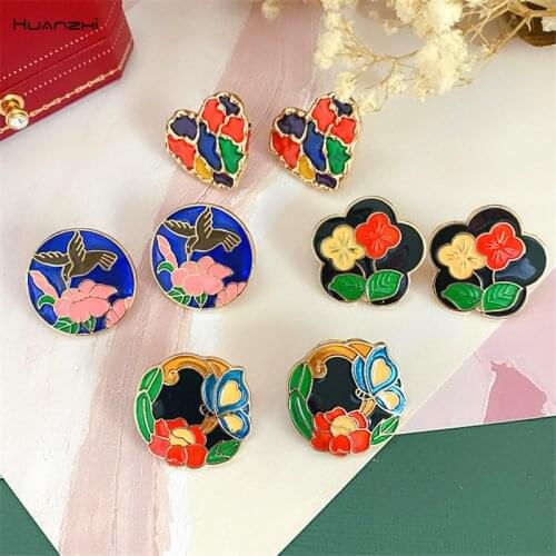HUANZHI 2020 New Vintage Folk-Custom Drip Glaze Plant Animal Flowers Butterfly Bird Love Earrings for Women Party Jewelry Gift