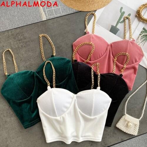 ALPHALMODA 2021 Spring Summer Golden Chain Strap Velvet Vest Women Solid Color Short Camis Top Ladies Stylish Bottom Vest