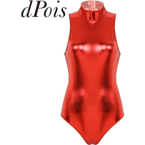 Womens One-piece Shiny Metallic Lingerie High Cut Mock Neck Sleeveless Leotard Bodysuit Sexy One Piece Female Club Nightwear