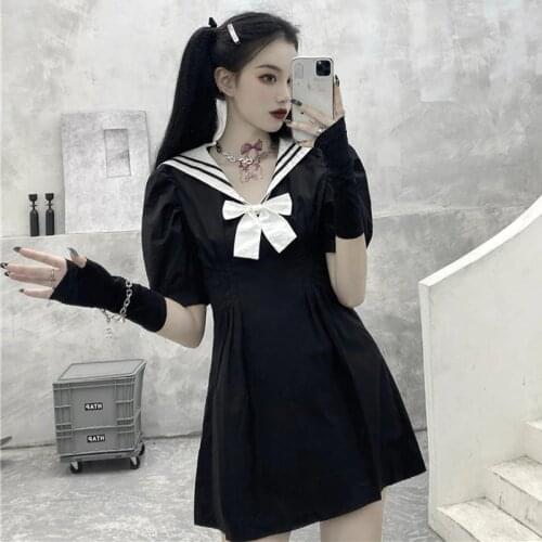 Navy Sailor Collar Bow Tie Black Dress Womens Short-Sleeved Summer 2020 dresses Gothic Sweet Girls Short Mini Vestido Femme