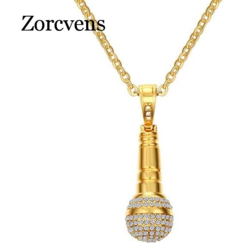 ZORCVENS Gold-color Stainless Steel CZ Stone Hip Hop Microphone Necklace & Pendant for Men/Women