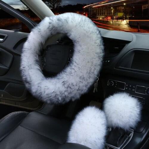 3pcs/set White long Fur gray tip Car Steering Wheel Cover Wool Winter Essential Universal Furry Fluffy Thick Faux