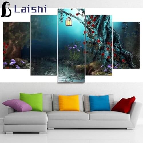 5pcs New hot diamond Paintings Wall Art No Frame Lights in Forest Picture diamond mosaic Fantasy Flowers Tree diamond embroidery
