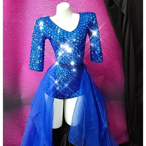 Shining Women Sexy Blue Stones Dance Shining Outfit singer dancer stage Bodysuit Trains costume nightclub prom show clothing set