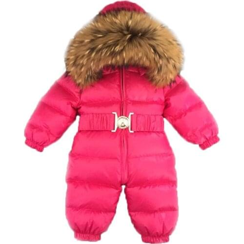 Baby Jumpsuits Boy Girl Winter Overalls Baby Romper White Duck Down Jumpsuit Raccoon Fur Collar Children Outerwear Kids Snowsuit