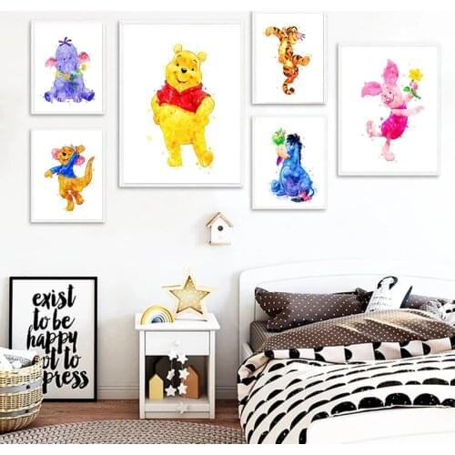 Disney Cartoon Canvas Painting Winnie The Pooh Watercolor Posters and Prints Nursery Wall Art Cartoon Wall Pictures Decoration