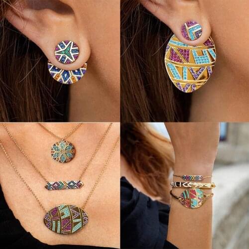 4Pcs/Set Ethnic Rainbow Necklace Earrings Rhinestone Classic Tribal Jewelry Sets Bracelet Earring Necklaces Bohemia