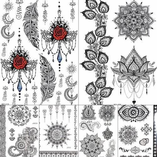 GoldOcean Fashion Feather Pendants Mandala Flower Tattoos Stickers Black Lace India Tattoo Temporary Rose Women Girls Tatoos DIY