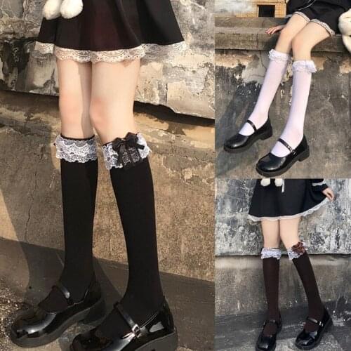 Women Girls Sweet Lolita Black White Knee High Socks Bowknot Ruffled Frilly Lace Trim Japanese Style Student Princess Cotton Lon