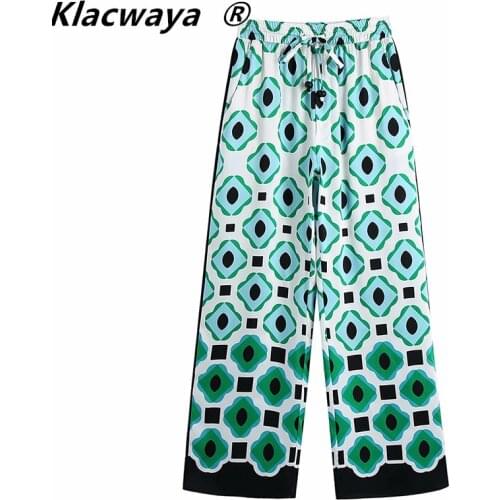 Klacwaya Women 2021 Chic Fashion Geometric Print Wide Leg Pants Vintage High Waist Waist Drawstring Female Ankle Trousers Mujer