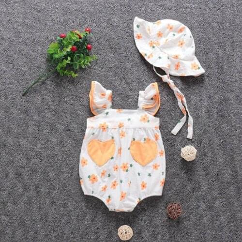 Baby Girls Jumpsuits Toddler Summer Clothes Floral Printed Ruffle Bow Princess Strap Rompers+Hat 2 PCS Sets Kids Bodysuit 0-24M
