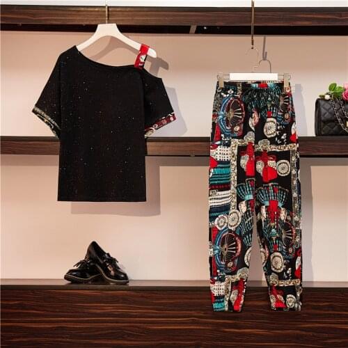 Two Piece Set Summer Clothes For Women Dresy Damskie plus size Casual Wide Leg Pants Print T Shirt Suits Female cloth big 4XL