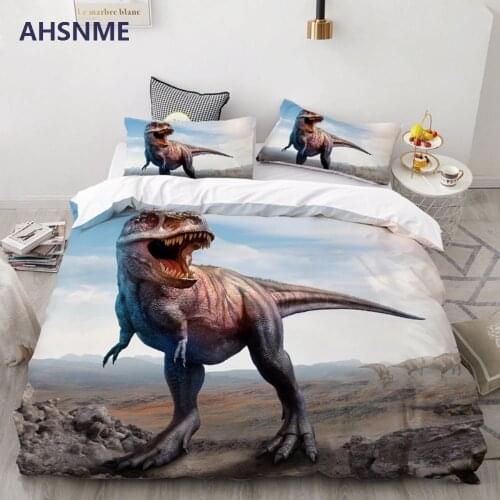 AHSNME 3D Dinosaur Bedding Set Jurassic Tyrannosaurus Rex Cartoon Childrens Room Quilt Cover Pillowcase Set Customizable size