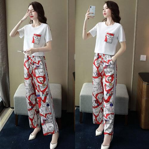 Two-piece Fashion Wide-leg Pants Suit Womens Summer 2021 New Korean Version Loose and Thin Temperament Printing