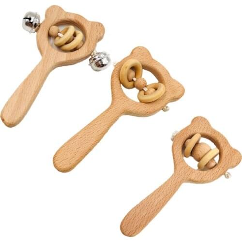 New Arrival Baby Toys Beech Wood Bear Hand Teething Wooden Ring Can Chew Beads Baby Rattles Play Gym Montessori Stroller Toys