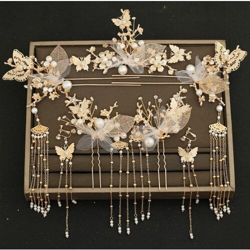 The New bride headdress step Chinese style retro golden tassels shake hair wedding XiuHe hanfu headdress