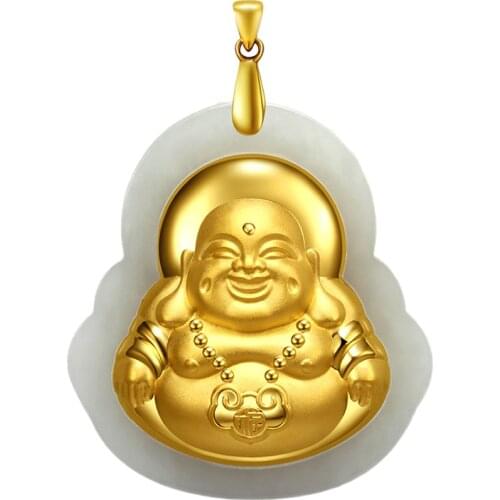 Hetian Natural Stone Pendants Plate Gold Laughing Buddha Pendant Rope Chain Necklace for Women Men Fashion Jewelry JoursNeige