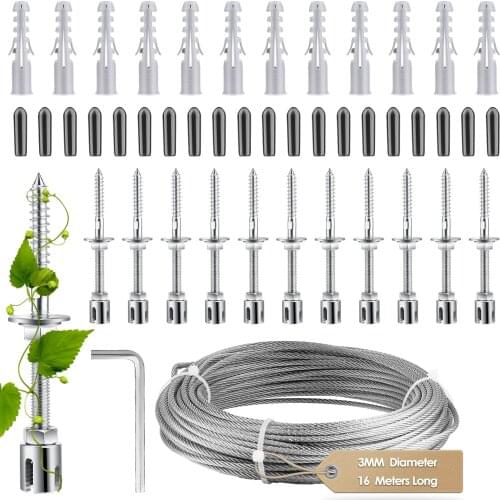 V4A Stainless Steel Trellis for Climbing Plants,Complete Set Wall Brackets and diameter 3 mm Steel Cable( 12 Holders 16m Rope )