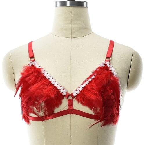 Rave Wear Red Feather Harness Bra Women Open Chest Body Cage Elastic White Lace Body Harness Belt Sexy Lingerie