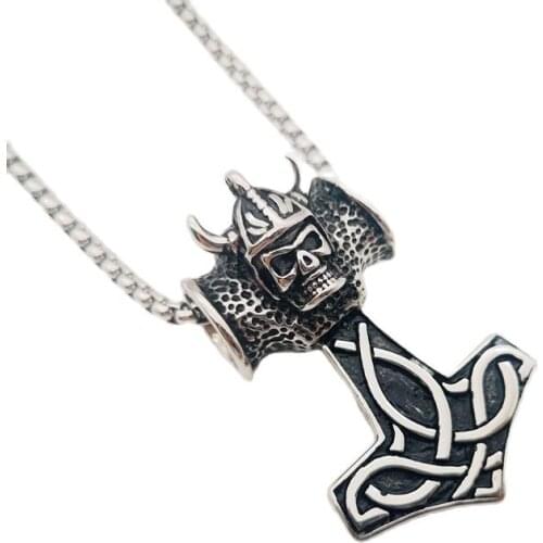Vintage Silver Stainless Steel Nordic Tribe Soldier Skull pendant Necklace mens male personal Cool Jewelry Warrior Necklace Gift