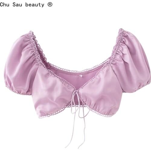 2020 new summer vintage sexy solid white color shirts short puff sleeve lace-up chest short crop tube tops woman