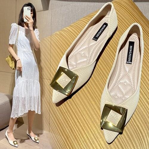 2021 Snake Pattern flats woman metal buckle sneaker shoes women ballerina shallow loafers pointed toe moccasins plus size 35-43