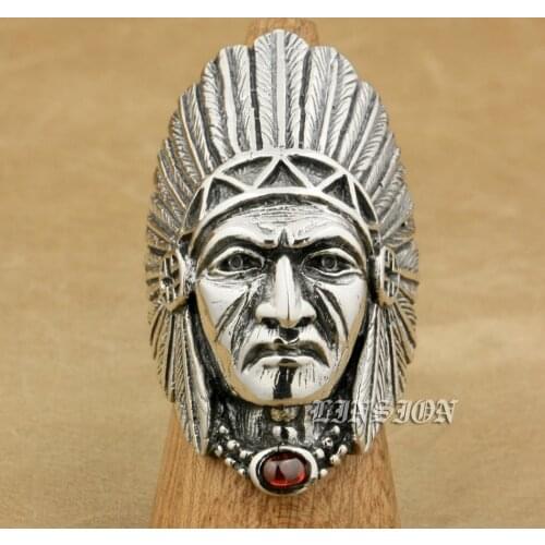 925 Sterling Silver Indian Chief Red CZ Mens Biker Rocker Punk Ring 9T007 US Size 8 to 15
