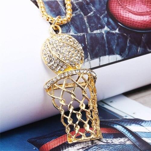 1PC Creative basketball stand with rhinestone pendant Hip hop mens necklace alloy hollow Street ball accessories