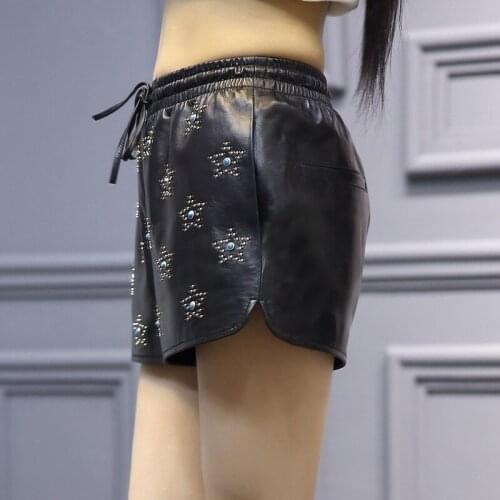 2020 New Women Star Rivet Night Club Punk Sexy Shorts Elastic Waist Casual Genuine Leather Wide Leg Short Trousers Plus Size 3XL