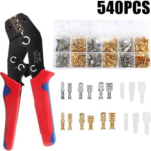 540Pcs 2.8/4.8/6.3 Spade Crimp Connectors Plug Terminal Crimper Crimping Pliers Wire 0.5-1.5mm2 & SN-48b Crimping Hand Tool