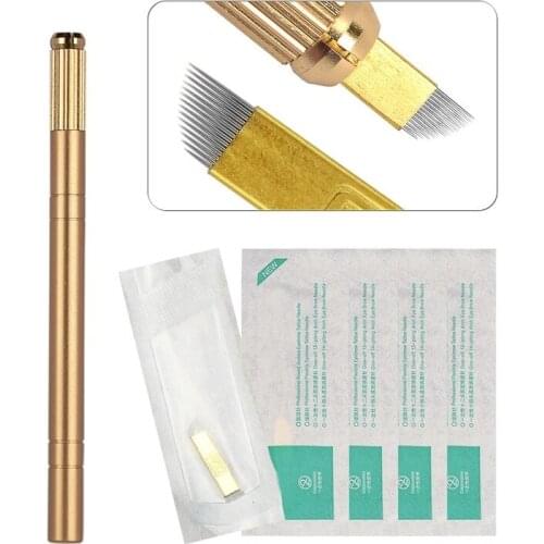 6PCs/set Golden Tebori 3D Tattoo Pen with 12 Pins Microblading Tattoos Needles Permanent Makeup Manual Eyebrow Tattoo Tools Set