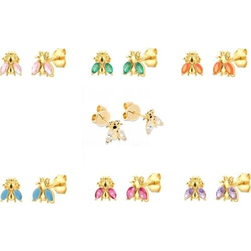 Aide 925 Sterling Silver Stud Earrings For Women Pink/Purple/Green Zircon Piercing Bee Earring Jewelry Pendientes Girls Gift CZ