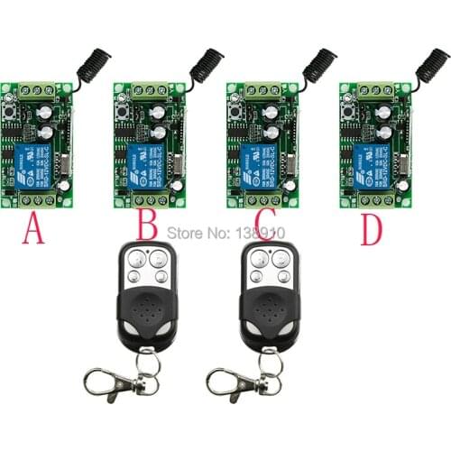 DC12V 1CH 10A RFwireless remote control switch system 2 transmitter and 4 receiver relay Learning Code/lamp/ window/Garage Doors