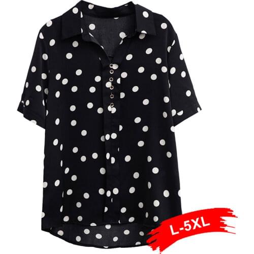 Plus Size Button Up Turn Down Collar Polka Dot Blouse 4XL Summer Big Dot Print V Neck Short Sleeve Casual Loose Shirt Blouses