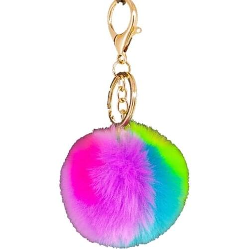 1pc Fluffy Fur Pom Pom Keychains Soft Faux Rex Rabbit Fur Ball Car Keyring Rainbow Pompom Key Chains Women Bag Pendant Jewelry