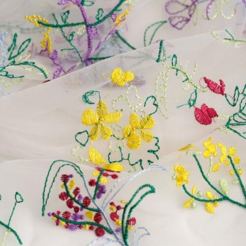 Net yarn Color grass flower embroidery mesh lace tulle fabric skirt clothing cheongsam cloth handmade diy cloth