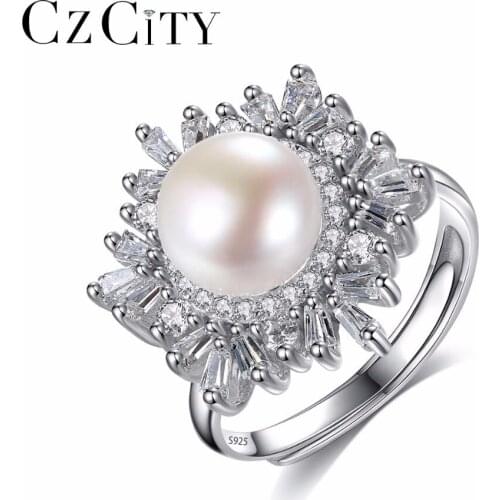 CZCITY Snowflake 925 Sterling Silver Engagement Finger Ring Freshwater Natural Pearl CZ Ring Female Jewelry Size Resizable