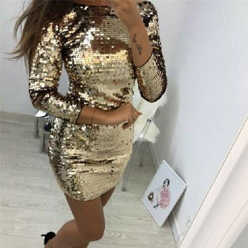 Elegant evening party dress of women long sleeve bodycon gold short dress for lady Backless sequin female clubwear dress 2020