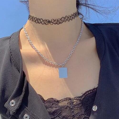 KISS WIFE Punk Geometric Square Pendant Necklace For Women Trendy Multilayer Gold Silver Color Choker Chain Necklaces Jewelry