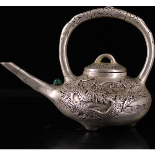 7"Chinese temple collection Old Bronze Gilt silver mosaic gem Lion statue kettle Divine beast kettle mouth teapot Ornaments