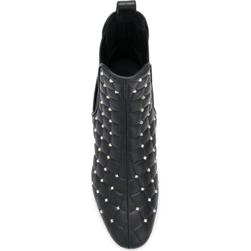 Kmeioo women cowskin shoes winter warm ankle boots fashion rivets round heels round toe med heels slip-on short boots