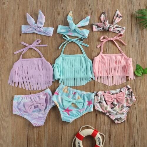 0-3T Baby Girl Cute Sling Tassel Swimsuit Three-Piece Hem Top + Cartoon Printed Shorts Bottom + Turban Beach Pink Swimsuit Set