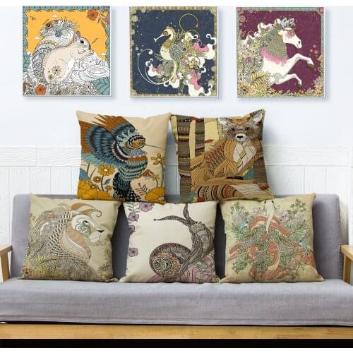 Japanese Pattern Animal Cushion Cover 45*45cm Square Pillow Covers Linen Throw Pillows Cases Sofa Home Decor Fox Pillowcase