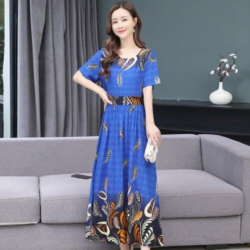 Summer dresses o-neck print Long Dress short Sleeve Women Long Dresses beach style Loose Dresses