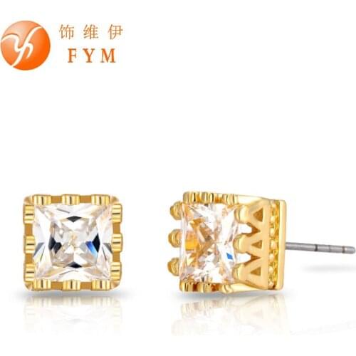 Fashion Square Crown Wedding Stud Earrings for Bride Gold Color 4/6/10mm CZ Jewelry Earring for Women Party