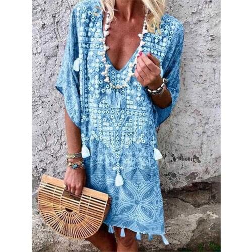 Sexy Beach Women Swimsuit Cover Up Tassel Design Bathing Suit Cover-Ups Tunics Beachwear Boho Style V-Neck Print Fringed Dress